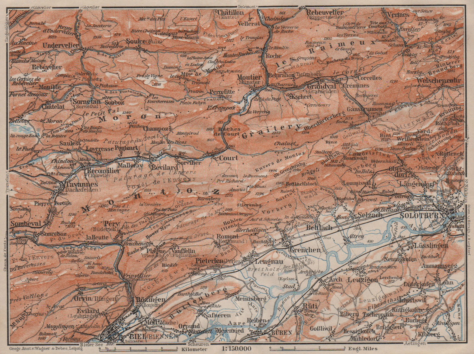 BERNESE JURA. Solothurn Biel/Bienne Rebeuvelier Tavannes. Topo-map 1911